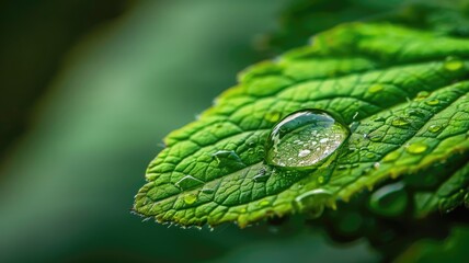 Wall Mural - Single water droplet on vibrant green leaf