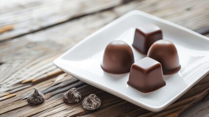 Wall Mural - Four chocolates and chocolate chips on wooden table