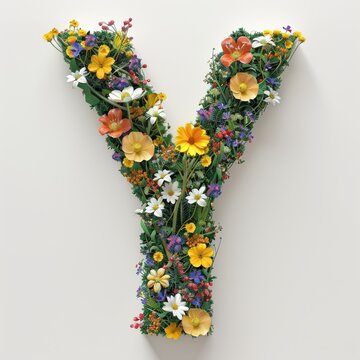 Elegant shot of text Letters ‘Y’ crafted in flowers on a clean. A beautiful flower arrangement forming the letter 'Y'.