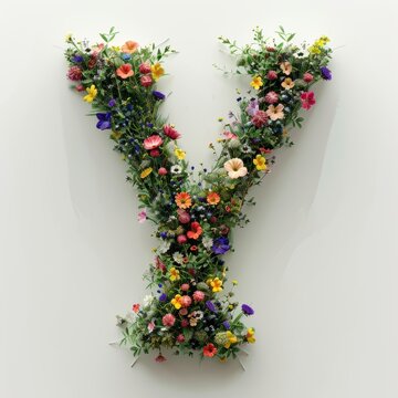 Elegant shot of text Letters ‘Y’ crafted in flowers on a clean. A beautiful flower arrangement forming the letter 'Y'.