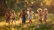 © Jesse - A group of five young children are joyfully running through a sunlit meadow. The focus is mainly on the three children in the front who appear to be laughing and enjoying their time together. They are