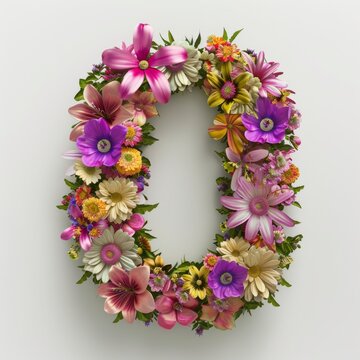 Elegant shot of text number ‘0’ crafted in flowers on a clean. A beautiful flower arrangement forming the number '0'.