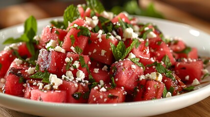 Poster - watermelon feta salad, a delicious summer salad featuring watermelon cubes, mint leaves, feta cheese, and a light balsamic vinaigrette