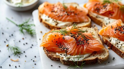 Wall Mural - gourmet breakfast toasts, try tasty breakfast toasts with smoked salmon, cream cheese, and dill on a chic marble countertop for a nutritious and elegant morning meal with room for text