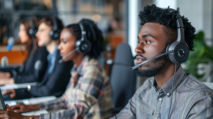 Wall Mural - Multiracial male and female customer service executives working together in an office environment, demonstrating diversity and teamwork in customer support roles.