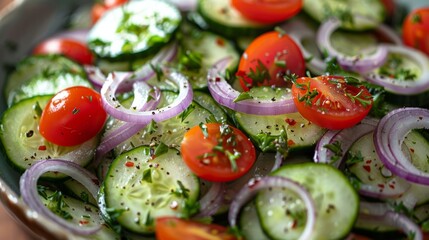 Poster - summer salad recipe, stay cool with a light and tangy salad of cucumbers, cherry tomatoes, red onions, greek yogurt dressing perfect for summer days