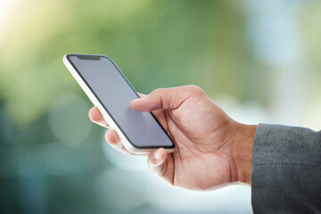 Aufkleber - Business person, hand and phone screen in office for texting, notification or online. Mockup space, corporate and financial broker for check stock market, information or monitoring investment on app