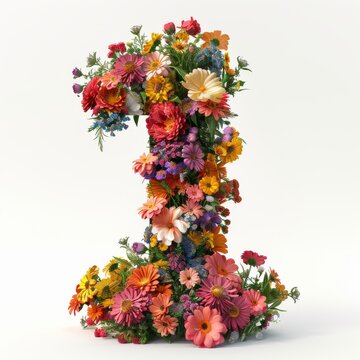Elegant shot of text number ‘1’ crafted in flowers on a clean. A beautiful flower arrangement forming the number '1'.