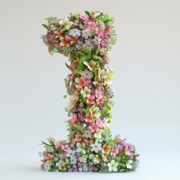 Elegant shot of text number ‘1’ crafted in flowers on a clean. A beautiful flower arrangement forming the number '1'.