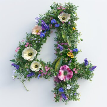 Elegant shot of text number ‘4’ crafted in flowers on a clean. A beautiful flower arrangement forming the number '4'.