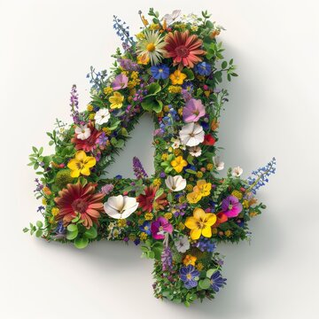 Elegant shot of text number ‘4’ crafted in flowers on a clean. A beautiful flower arrangement forming the number '4'.