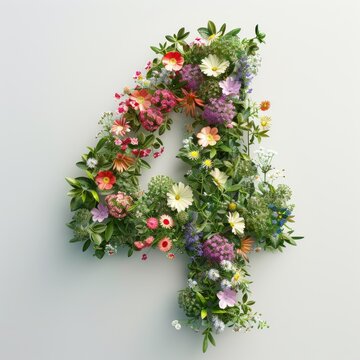 Elegant shot of text number ‘4’ crafted in flowers on a clean. A beautiful flower arrangement forming the number '4'.