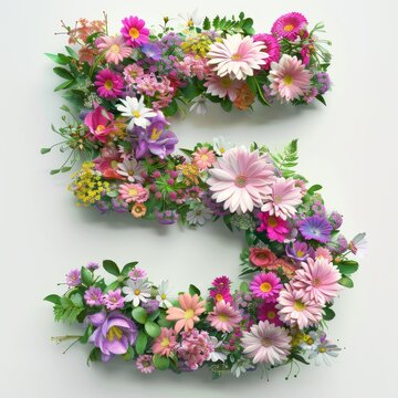 Elegant shot of text number ‘5’ crafted in flowers on a clean. A beautiful flower arrangement forming the number '5'.