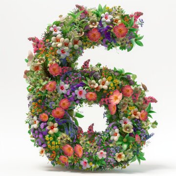 Elegant shot of text number ‘6’ crafted in flowers on a clean. A beautiful flower arrangement forming the number '6'.