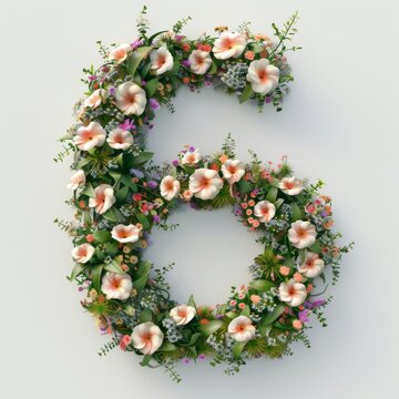 Elegant shot of text number ‘6’ crafted in flowers on a clean. A beautiful flower arrangement forming the number '6'.