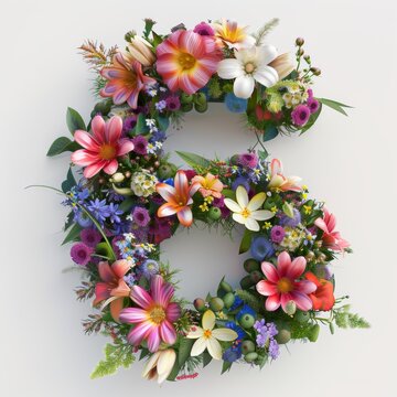 Elegant shot of text number ‘6’ crafted in flowers on a clean. A beautiful flower arrangement forming the number '6'.
