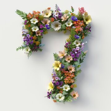 Elegant shot of text number ‘7’ crafted in flowers on a clean. A beautiful flower arrangement forming the number '7'.