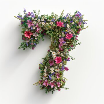 Elegant shot of text number ‘7’ crafted in flowers on a clean. A beautiful flower arrangement forming the number '7'.