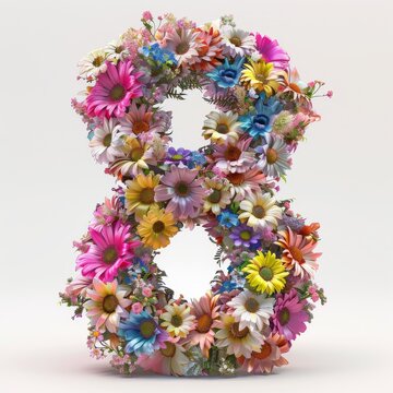Elegant shot of text number ‘8’ crafted in flowers on a clean. A beautiful flower arrangement forming the number '8'.
