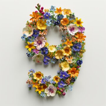 Elegant shot of text number ‘9’ crafted in flowers on a clean. A beautiful flower arrangement forming the number '9'.