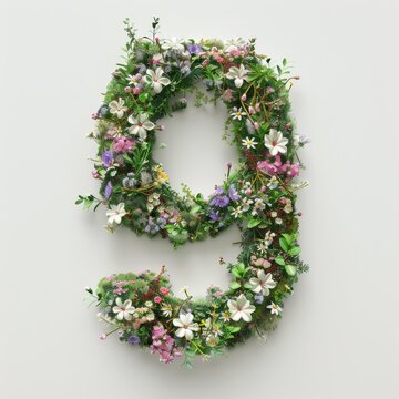 Elegant shot of text number ‘9’ crafted in flowers on a clean. A beautiful flower arrangement forming the number '9'.
