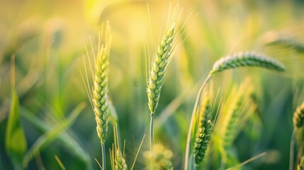 Wall Mural - Close up photo of green spikelets with selective focus on natural backdrop