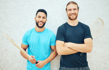 Poster - Portrait, men and sports for squash exercise with racket for challenge games, training and practice fitness on court together. Athlete, people and performance support, competition and match teamwork