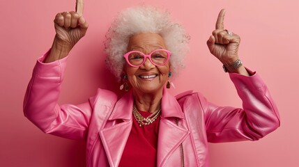 Poster - Vibrant elderly person in a pink leather suit and bold accessories showcasing their joyful spirit Stock Photo with copy space
