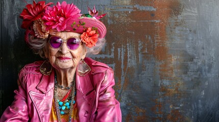 Poster - Vibrant elderly person in a pink leather suit and bold accessories showcasing their joyful spirit Stock Photo with copy space