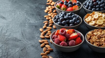 Poster - assorted cereal bowls topped with strawberries, blueberries, and almonds on the breakfast table, promoting healthy eating with room for text