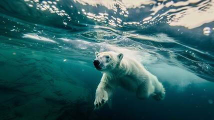 Wall Mural - An engaging image of a polar bear in motion as it glides underwater, capturing the dynamic posture and determined expression of this powerful mammal in its natural habitat.