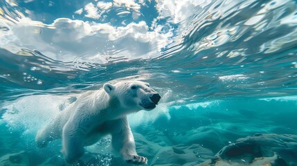 Wall Mural - A visually stunning image of a polar bear swimming underwater, captured against the backdrop of a bright sky with clouds, showcasing the tranquility of the natural world beneath the surface.