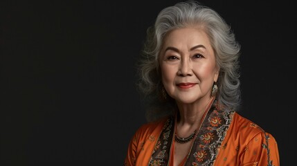 Stylish elderly Asian person wearing a tailored contemporary outfit with traditional designs posing confidently in a studio Stock Photo with copy space