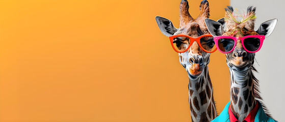 Two stylish giraffes in vibrant sunglasses and trendy outfits pose against a colorful backdrop, perfect for fun advertising, social media posts, and youth-oriented campaigns.