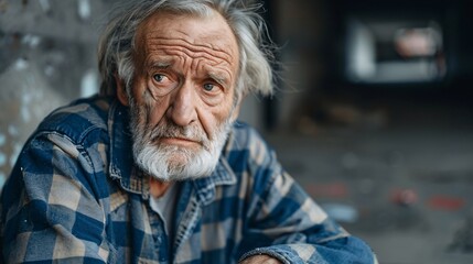 Homeless elderly American individual with no clothes huddled in an alley looking visibly starved and sad Stock Photo with copy space