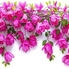 Wall Mural - Close-up of vibrant pink azalea flowers in full bloom with lush green leaves on a white background, showcasing springtime beauty