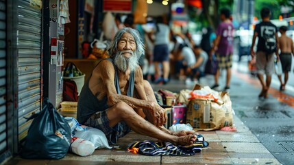 Poster - Starving elderly Asian individual with old torn garments sitting on the sidewalk in a busy city tears visible on their face Stock Photo with copy space