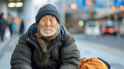 Poster - Starving elderly Asian individual with old torn garments sitting on the sidewalk in a busy city tears visible on their face Stock Photo with copy space