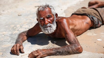 Aufkleber - Homeless elderly American person with no clothes lying on the sidewalk in a busy urban area looking visibly starved and sad Stock Photo with copy space