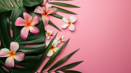 Poster - Tropical Flower Flatlay on Pink Background with Space for Text