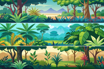 Set of vector horizontal seamless tropical rainforest Jungle backgrounds stock illustration