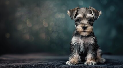 Wall Mural - Miniature Schnauzer puppy posing happily playing on dark background Pet love and joy concept