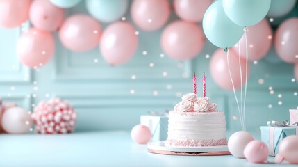 Pastel-themed birthday celebration with cake, balloons, and decorations in a soft and charming setting, perfect for special occasions.