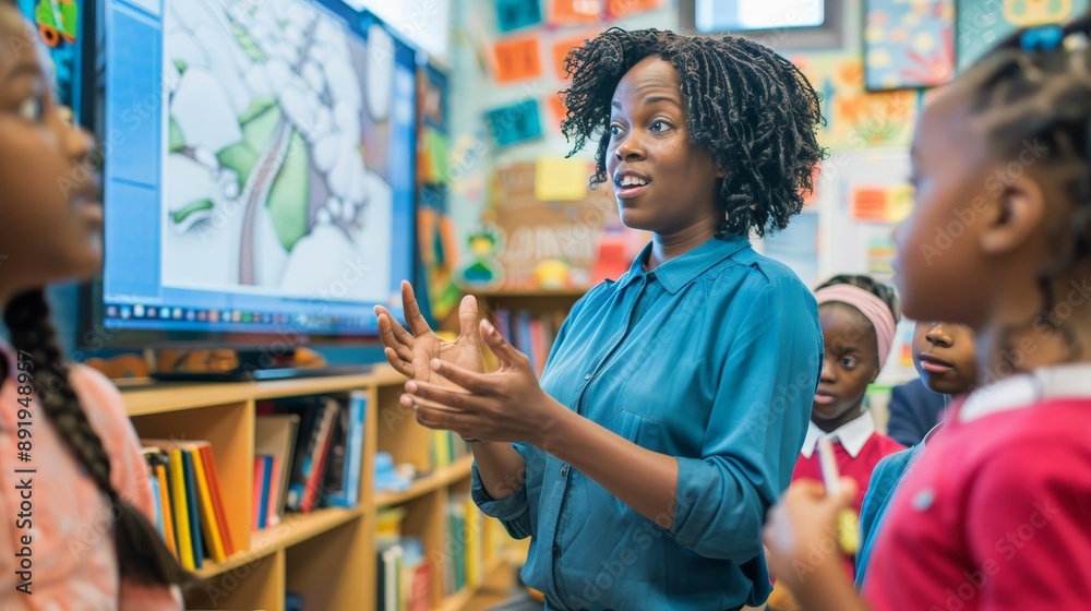 Teacher explaining a lesson to attentive students using a smartboard ...