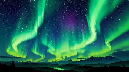 majestic northern lights illuminate the sky over a dark mountain range, creating a breathtaking cele