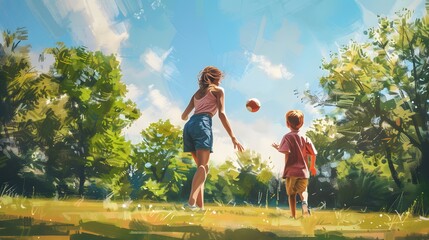 Wall Mural - Mother and little son playing ball on grass in summer park. 