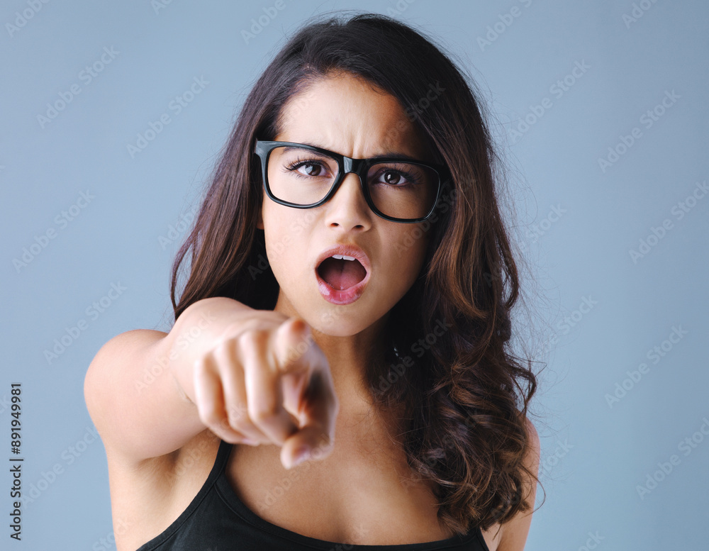 Shock, pointing to you and portrait of woman in studio for news ...