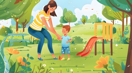 Wall Mural - Mother and little son playing ball on grass in summer park. 