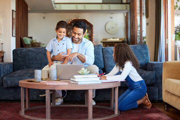 Sticker - Dad, laptop and boy on couch for e learning, streaming and online or videos for education. Children, father or man and technology in lounge or home for teaching, studying or happy together in morning