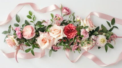 Wall Mural - Wedding floral arrangement with ribbon on white background copy space for decor and florist art